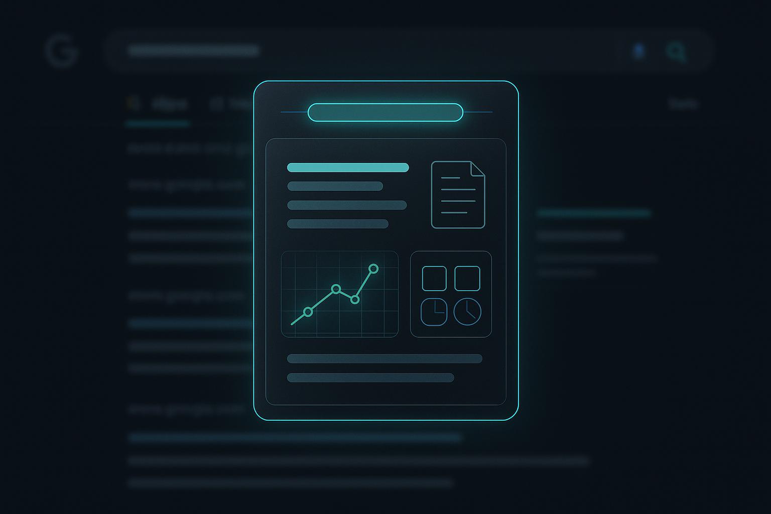 Futuristic AI search interface displaying an answer box above a blurred traditional search results page, styled with cool tones and abstract data visuals to represent the shift from SEO to AI-driven discovery